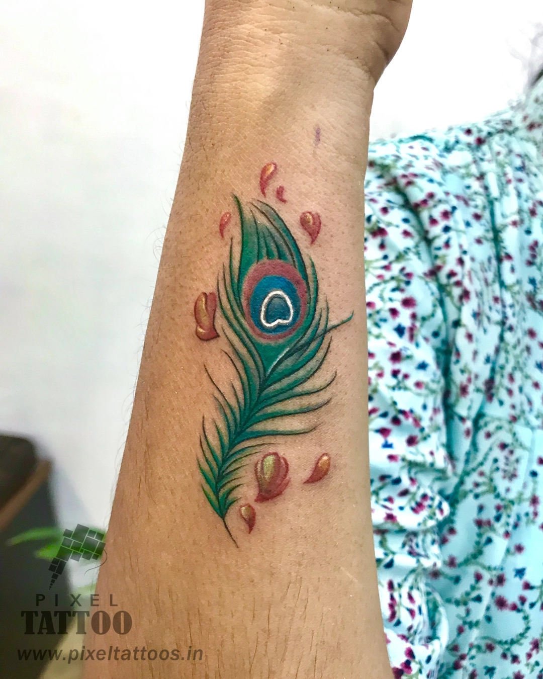 Peacock feather fine line tattoo