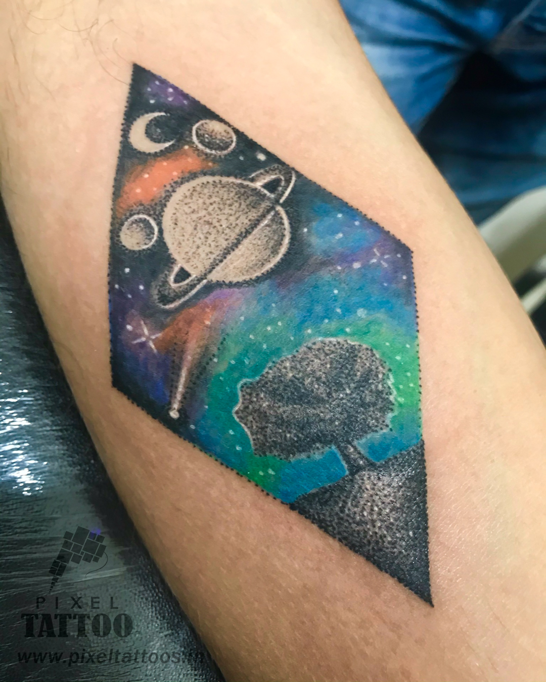 Single needle astronomy inspired tattoo located on the